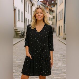 Garnet Hill Black V-Neck Tiered Dress